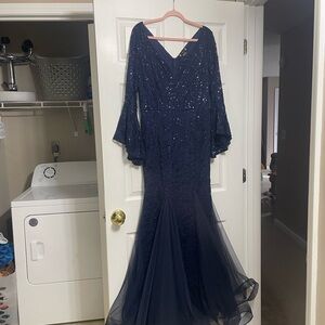 NWT | Navy Beaded Mermaid Gown with Bell Sleeves